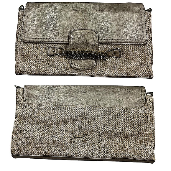 JESSICA SIMPSON: Gold Woven Chain Detailed Clutch / Crossbody Purse - Picture 1 of 12